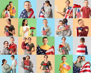 Set of woman and little boy with USA flags and carnation flowers on color background. Remembrance Day