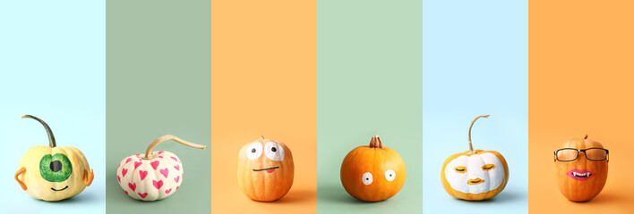 Fototapeta premium Collage with many different Halloween pumpkins on color background