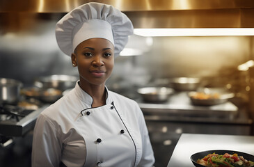 Female black chef at work in restaurant kitchen