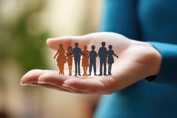 Fototapeta na wymiar A person is shown holding a paper cutout of a group of people. This image can be used to represent teamwork, collaboration, or the concept of a community.