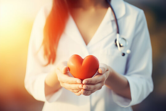 A woman is pictured holding a red heart. This image can be used to convey love, care, or support. It is suitable for various projects and designs.