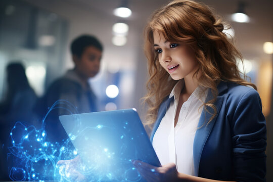 A woman is seen holding a laptop with a screen that emits a soft glow. This image can be used to depict technology, communication, or working remotely.