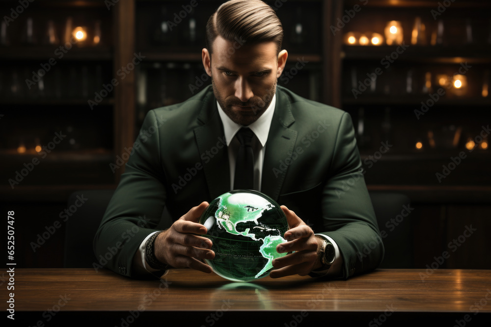 Aufkleber a man dressed in a suit is holding a green globe. this image can be used to represent concepts such 