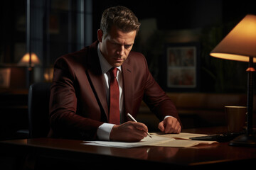A man dressed in a suit is seen writing on a piece of paper. This image can be used to depict professionalism, business, communication, or organization.