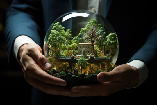 Suit is holding a glass ball that contains a small garden inside. Unique and elegant represent concepts such as imagination, creativity, and the balance between nature and urban life.