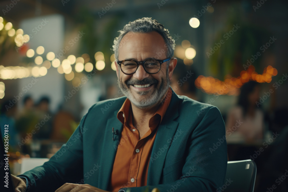 Poster a man sitting at a table, focused on using a laptop computer. this image can be used to depict techn