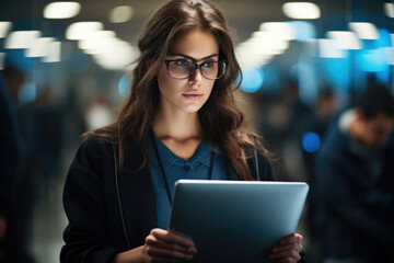 A woman is seen holding a tablet computer in her hands. This image can be used to illustrate technology, modern communication, or business concepts.