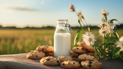 Glass classic bottle of fresh milk and oatmeal cookies on a summer field background with green grass. Useful rustic breakfast in nature.  - obrazy, fototapety, plakaty