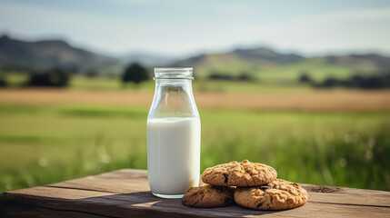 Glass classic bottle of fresh milk and oatmeal cookies on a summer field background with green grass. Useful rustic breakfast in nature. 