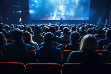 A group of people gathered together to enjoy a movie projected on a large screen. This image can be used to depict a movie night, cinema experience, or community event. - obrazy, fototapety, plakaty