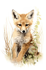 Cute fox isolated on a white background with plants watercolor style