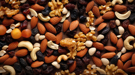 Surface with Nuts and Raisins for Healthy Snack, top view texture, backdrop almonds, raisins, cashews, walnuts and pine nuts.  - obrazy, fototapety, plakaty