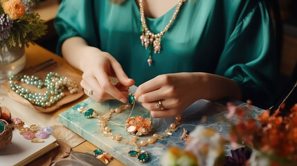 Beading workplace, female hands in process of handicraft. Beautiful diy jewelry hobby, designer handmade jewelry exclusive.  - obrazy, fototapety, plakaty