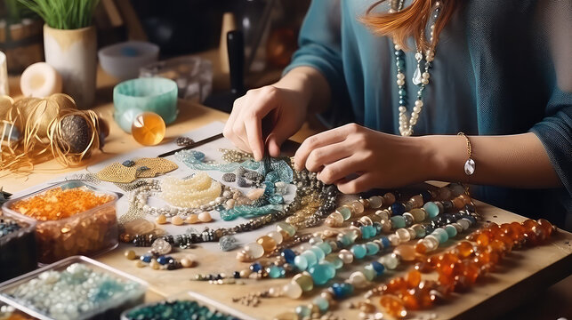 Beading workplace, female hands in process of handicraft. Beautiful diy jewelry hobby, designer handmade jewelry exclusive. 