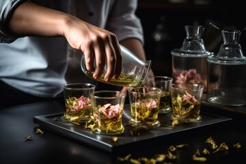 Fototapeta na wymiar Tea Master Pouring Green Tea, Tea Shop, Flower Buds in Glass Cups, Tea Ceremony Generative AI Illustration