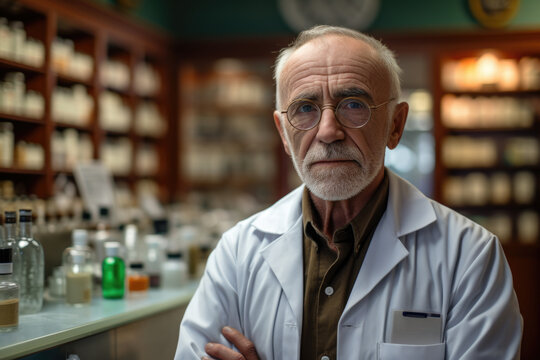 A man wearing a lab coat stands confidently in front of a counter. This image can be used to represent a scientist, researcher, or professional in a laboratory or medical setting.