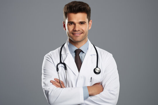 A picture of a man wearing a lab coat and holding a stethoscope. This image can be used to represent a medical professional or doctor in a healthcare setting.