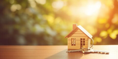 House key and house model, sunlight background. Mortgage, investment, real estate, property and new home concept | Generative AI