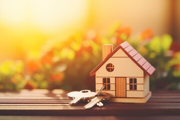 Obraz na płótnie Canvas House key and house model, sunlight background. Mortgage, investment, real estate, property and new home concept | Generative AI