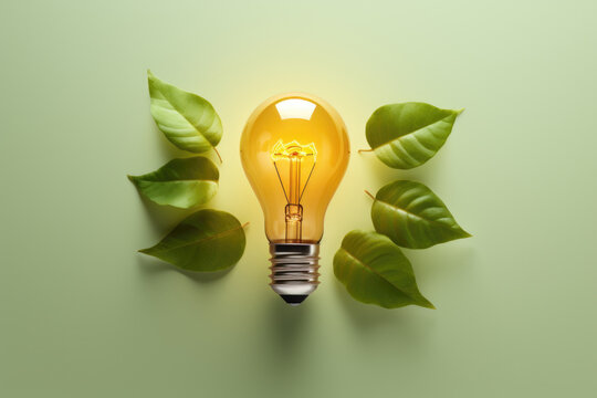 A vibrant yellow light bulb stands out against a backdrop of lush green leaves. This image can be used to represent creativity, innovation, and environmental consciousness.