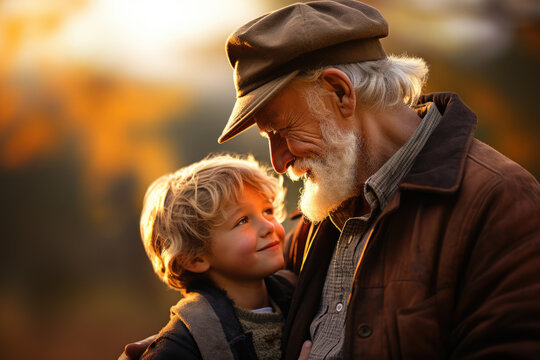 An old man and a young boy are captured in a moment of connection and curiosity. This image can be used to depict intergenerational relationships and the beauty of human connection.