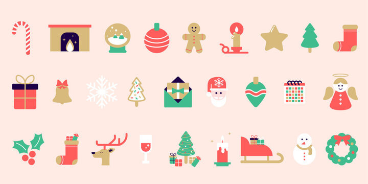 Collection de No&euml;l int&eacute;grale, &eacute;l&eacute;ments ic&ocirc;nes et pictos vectoriels : p&egrave;re no&euml;l, sapin, renne, traineau, cadeaux, d&eacute;coration, flocon, bonhomme de neige, sabl&eacute;e, &eacute;toile, ange. Illustration Joyeux No&euml;l