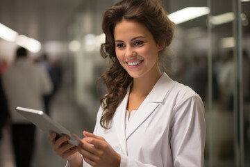 A woman wearing a lab coat is seen holding a tablet computer. This image can be used to represent scientific research, technology in the laboratory, or modern healthcare practices.