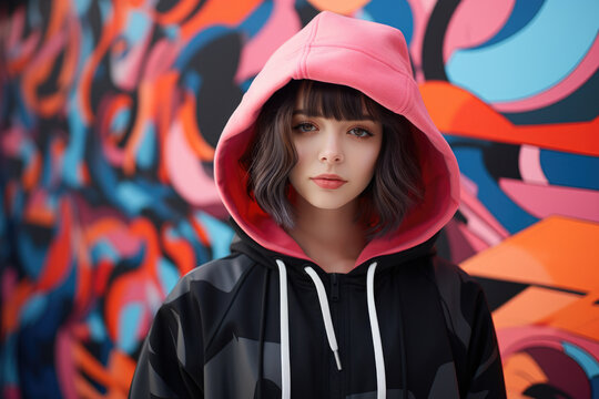 A woman wearing a hoodie stands confidently in front of a vibrant graffiti wall. This image can be used to represent urban culture, street art, or individuality.
