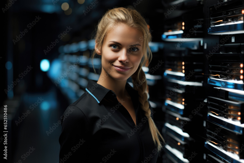 Poster a woman standing in front of a wall of servers. this image can be used to represent technology, data