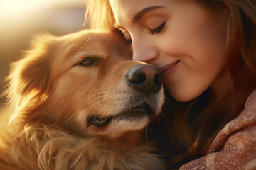 Intimate Close-up of a Loving Woman Expressing Affection, Gently Petting Her Devoted Dog, Bathed in the Warm and Golden Hues of the Setting Sun.