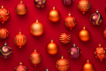 Fototapeta premium New Year wallpaper pattern of a Christmas colorful balls, patternator, bright red background. Celebration concept art