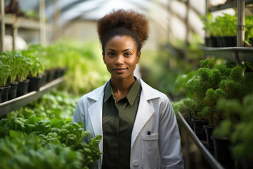 A woman wearing a lab coat standing in a greenhouse. This image can be used to represent scientific research, botany, or gardening. - obrazy, fototapety, plakaty