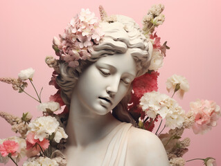 Antique female sculpture and flowers. - obrazy, fototapety, plakaty