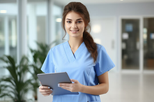 A professional woman dressed in a blue scrub suit holding a tablet. This image is perfect for medical and healthcare related projects.