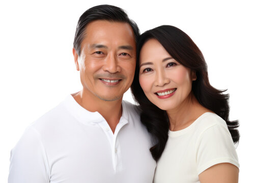 Endearing Portrait of a Middle-Aged Filipino Couple, Sharing a Moment of Togetherness, Captured Against a Crisp and Neutral White Background.