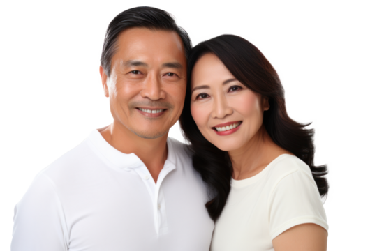Endearing Portrait of a Middle-Aged Filipino Couple, Sharing a Moment of Togetherness, Captured Against a Crisp and Neutral White Background.