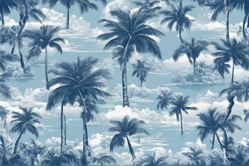 Toile de jouy tropical island with many palms blue and white - obrazy, fototapety, plakaty