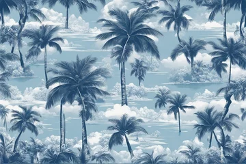 Fotobehang Toile de jouy tropical island with many palms blue and white © FrameFinesse
