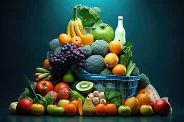Pile of various fresh fruits and vegetables arranged neatly, accompanied by bottle of milk. Healthy eating habits and can be used in articles, blog posts, or advertisements promoting a balanced diet.