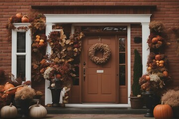 Fall autumn wreath on front door brick house with flower arrangements - obrazy, fototapety, plakaty