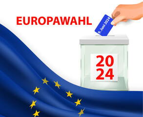Plakat zur Abstimmung für die Europawahl 2024 mit der Europaflagge und einer Wahlurne, auf der eine Hand ihren Stimmzettel ablegt © emmanuel