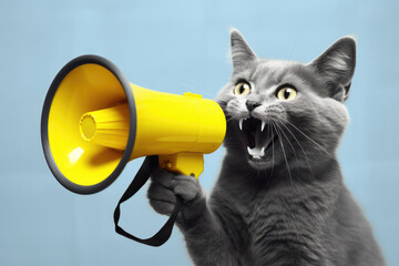 Fototapeta premium A gray cat holding a yellow megaphone in its mouth. Perfect for advertising, promotions, or communication-themed designs.