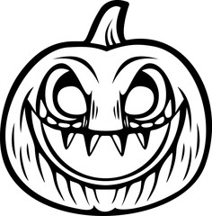 Stylized ink drawing of Halloween pumpkin with a carved out scary smiling face. Vector illustration.