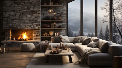 3D rendering of a modern winter living room interior with a fireplace and a sofa - obrazy, fototapety, plakaty