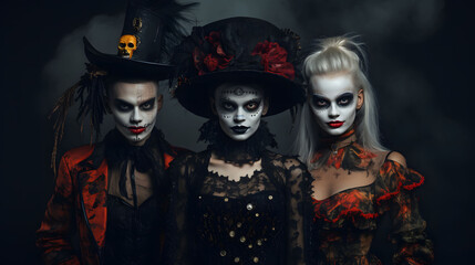 Halloween, holidays, celebration and people concept - Group of women and man in Halloween costumes over dark background