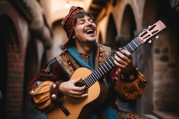 Bard Plays his Lute, Minstrel Song, Troubadour Music, Medieval Singer, Cosplayer Dressed as Jester - obrazy, fototapety, plakaty
