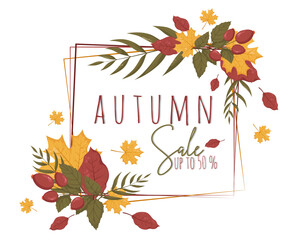 Harvest autumn leaves frame template with lettering. Vector llustration with place for text, photo. Thanksgiving Design element for sale, card, web, background, invitation, banner and flyers.	
