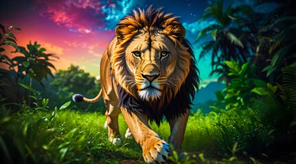 A lion exploring the beautiful jungle at night, beautiful sky and clouds in background