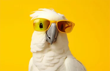 Meubelstickers Cute white cockatoo parrot wearing sunglasses. Smiling pet bird, Australian animal. Solid yellow pastel background. Tropical summer vacation concept, web banner. Funny birthday party card, invitation. © tabitazn