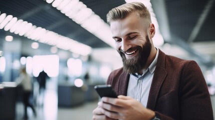 Smiling man looking at smart phone in airport , generative ai